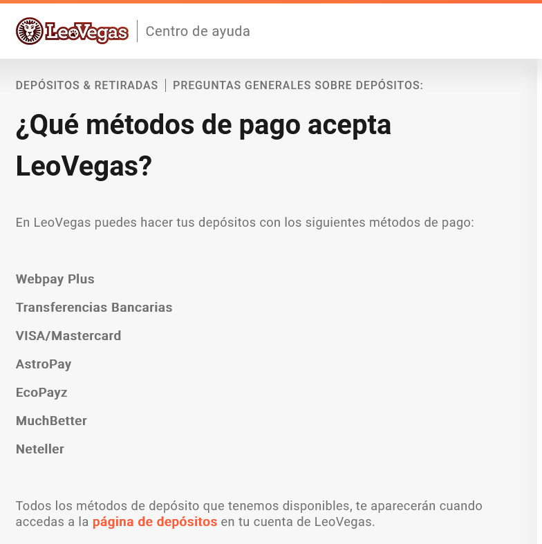 LeoVegas - Métodos de Pago